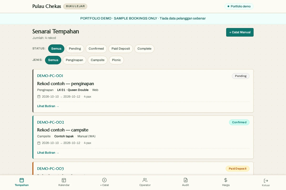 Buku Lejar interface rendered locally with clearly labelled sample bookings, not customer data
