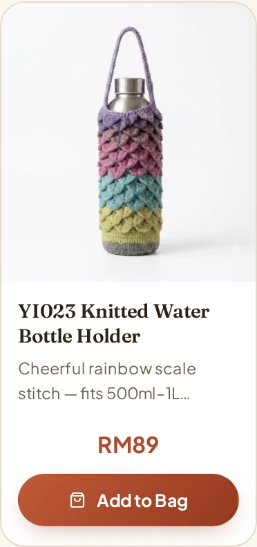 A real Knitdles mobile product card showing the bottle holder, item code, price and existing order action