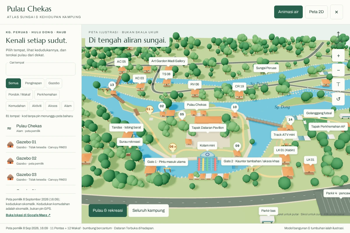 Pulau Chekas interactive 3D map showing accommodation, rivers, paths and facilities