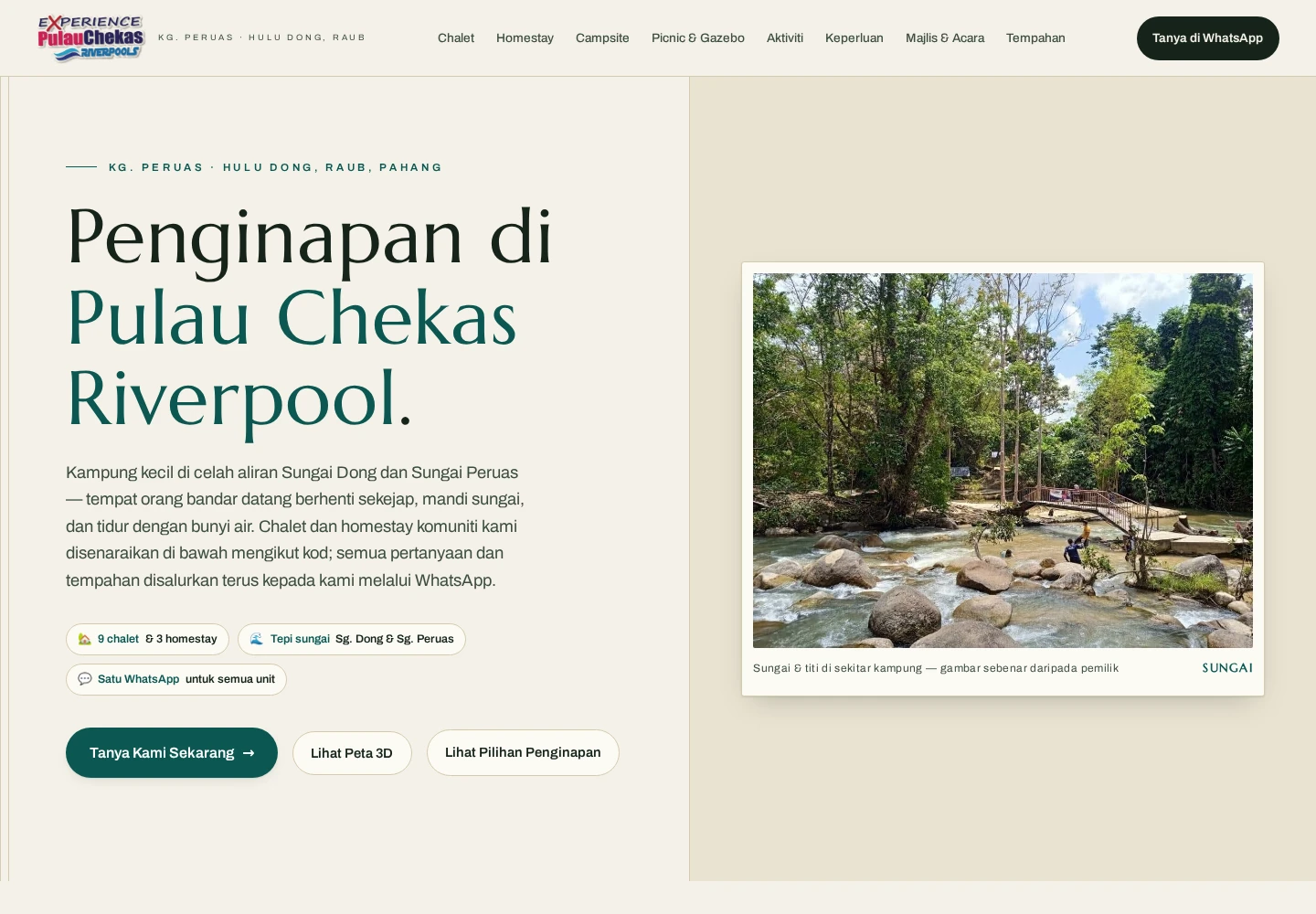 Pulau Chekas website with a river photograph and accommodation information in Malay
