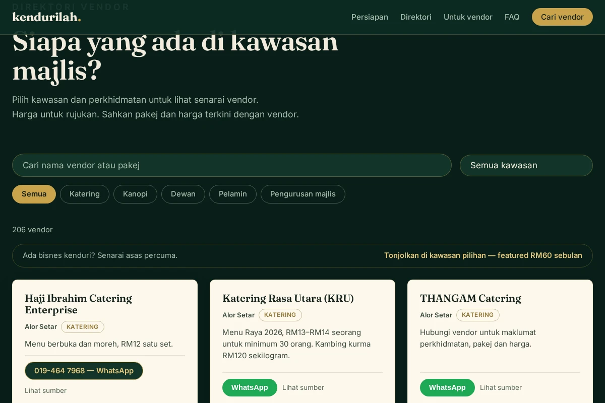 Kendurilah directory website with a Malay headline and festive kenduri food imagery