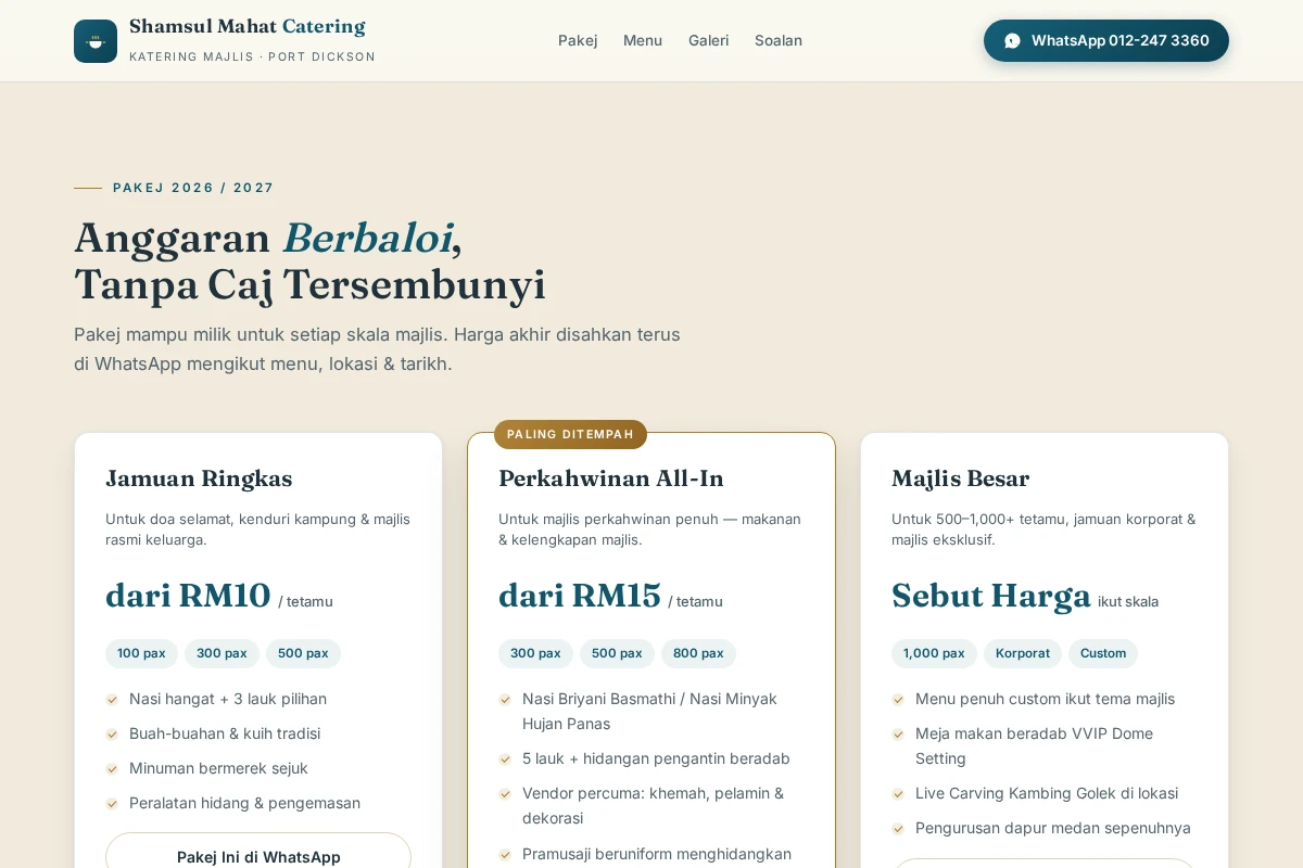 Shamsul Mahat Catering preview website with wedding buffet imagery and package information in Malay